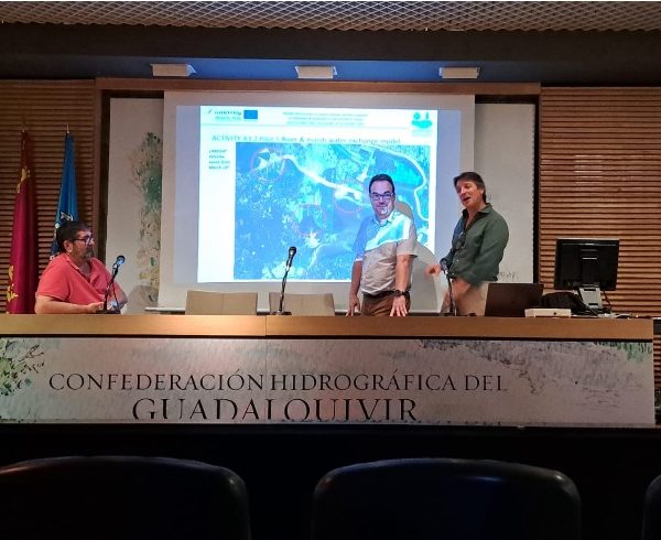 Emilio Rodríguez (MITECO, Marco de Actuaciones por Doñana), Juan Lluch (Confederación Hidrográfica del Guadalquivir) y Miguel Gil (Yuntas) explican el objeto y complejidad del Piloto 5